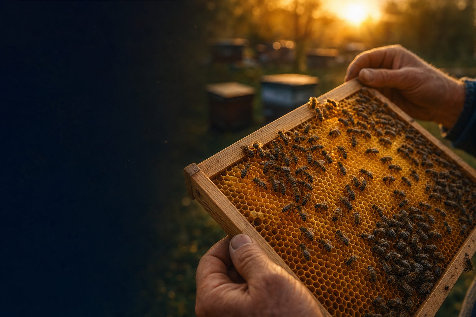 A beekeeper inspecting a frame of brood during a hive inspection for a beekeeping association member, at golden hour