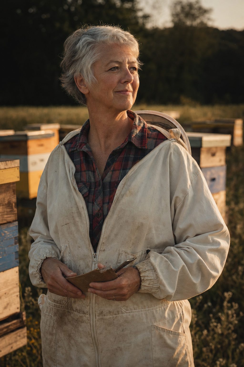 A beekeeping association president at her apiary in the late afternoon light